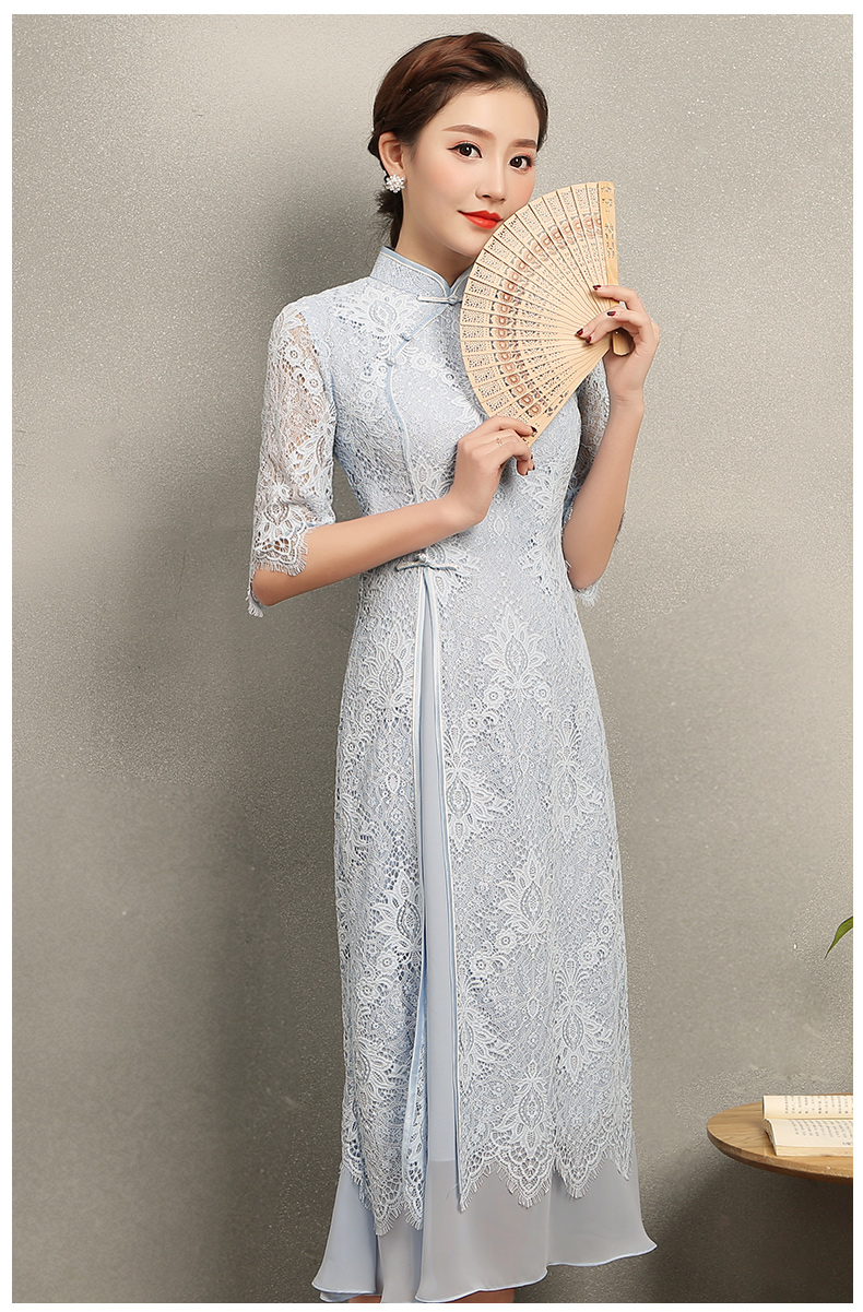 氣質(zhì)素藍(lán)色蕾絲旗袍，中袖中式旗袍裙