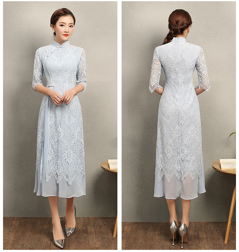 氣質(zhì)素藍(lán)色蕾絲旗袍，中袖中式旗袍裙