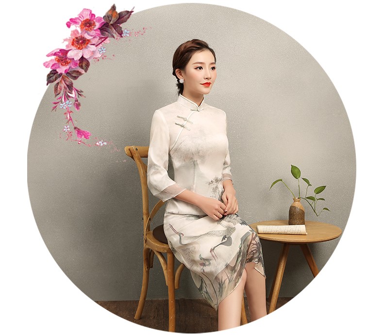 復古飛鶴旗袍，淡雅中袖中式旗袍裙