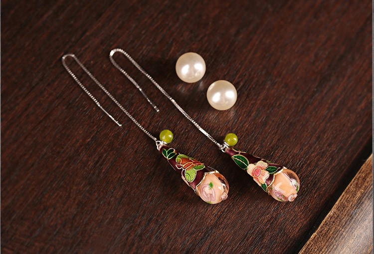 古風(fēng)氣質(zhì)琉璃景泰藍耳環(huán)，水滴造型純銀耳線首