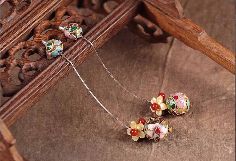 華麗景泰藍耳環(huán)，花朵圓珠純銀耳線首飾