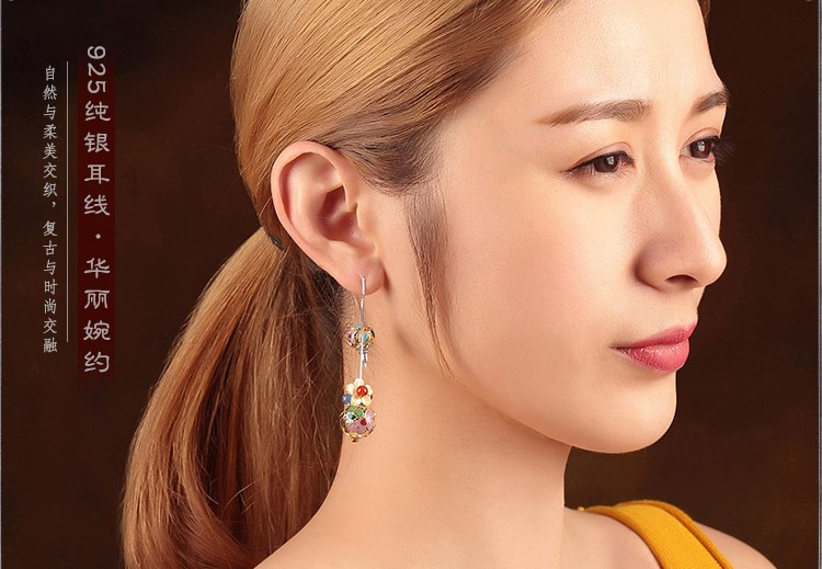 華麗景泰藍耳環(huán)，花朵圓珠純銀耳線首飾