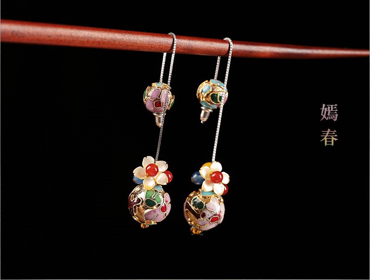 華麗景泰藍耳環(huán)，花朵圓珠純銀耳線首飾