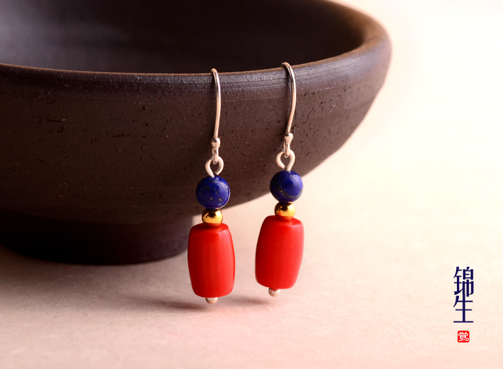 珊瑚青金石配飾銀耳環(huán)，別具風格耳環(huán)