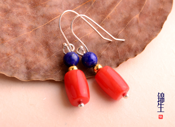 珊瑚青金石配飾銀耳環(huán)，別具風格耳環(huán)