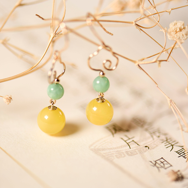 古風手工祥云耳環(huán)，古典蜜蠟翡翠耳環(huán)