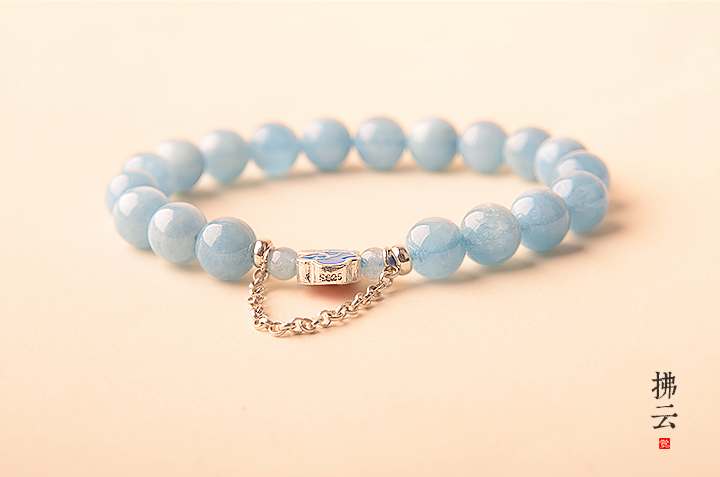 拂云琺瑯彩銀手鏈，天然海藍寶手串