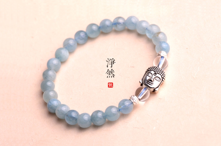 釋迦摩尼佛像銀手鏈，凈然海藍(lán)寶手串