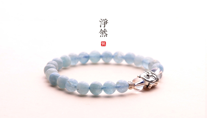 釋迦摩尼佛像銀手鏈，凈然海藍(lán)寶手串