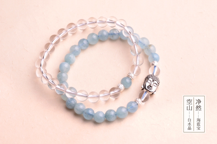 釋迦摩尼佛像銀手鏈，凈然海藍(lán)寶手串