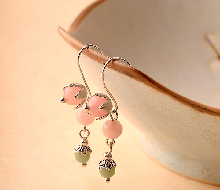 粉色小清新風(fēng)翡翠耳飾，天然粉晶惜春耳環(huán)首飾