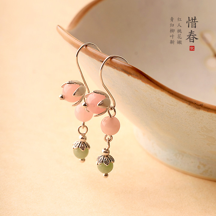 粉色小清新風(fēng)翡翠耳飾，天然粉晶惜春耳環(huán)首飾