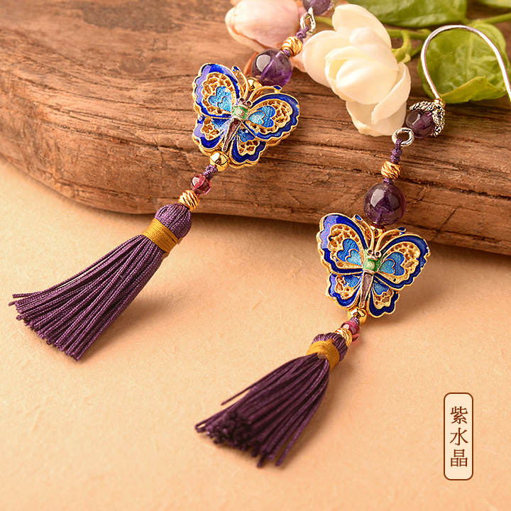 銀蝴蝶長流蘇氣質(zhì)，典雅古風(fēng)耳環(huán)首飾