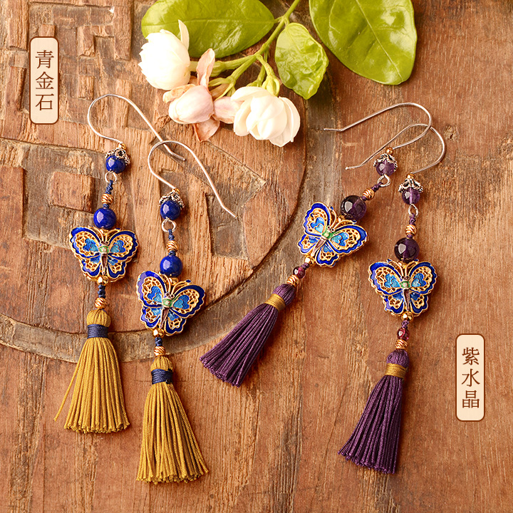 銀蝴蝶長流蘇氣質(zhì)，典雅古風(fēng)耳環(huán)首飾