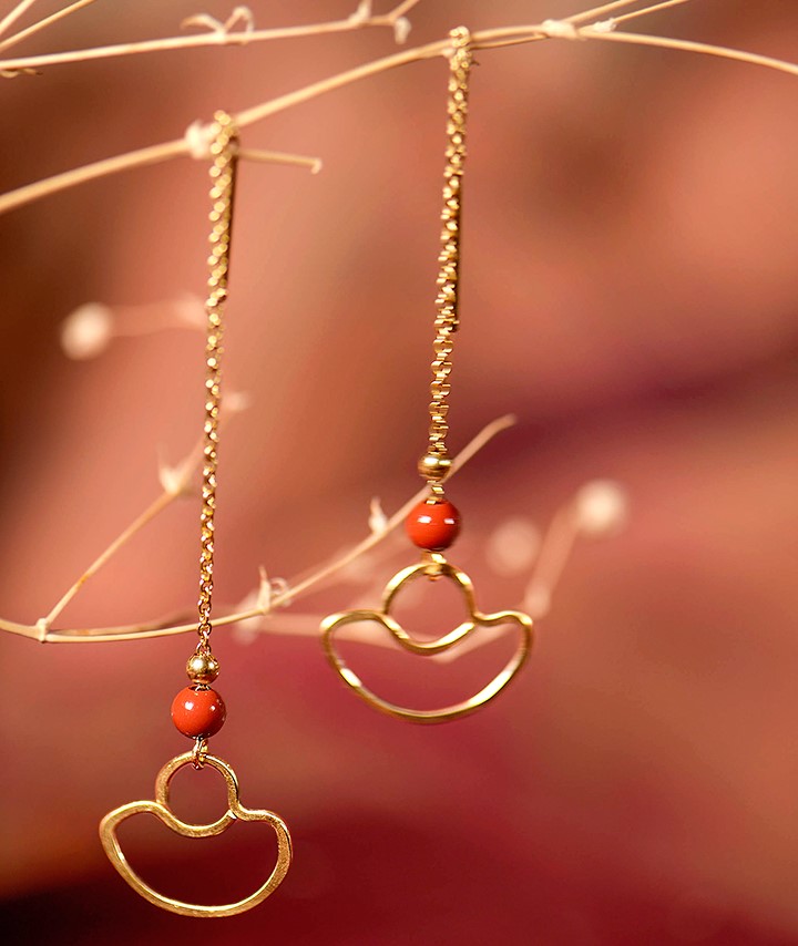 手工元寶耳線耳飾，天然朱砂耳環(huán)首飾