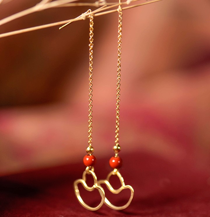 手工元寶耳線耳飾，天然朱砂耳環(huán)首飾