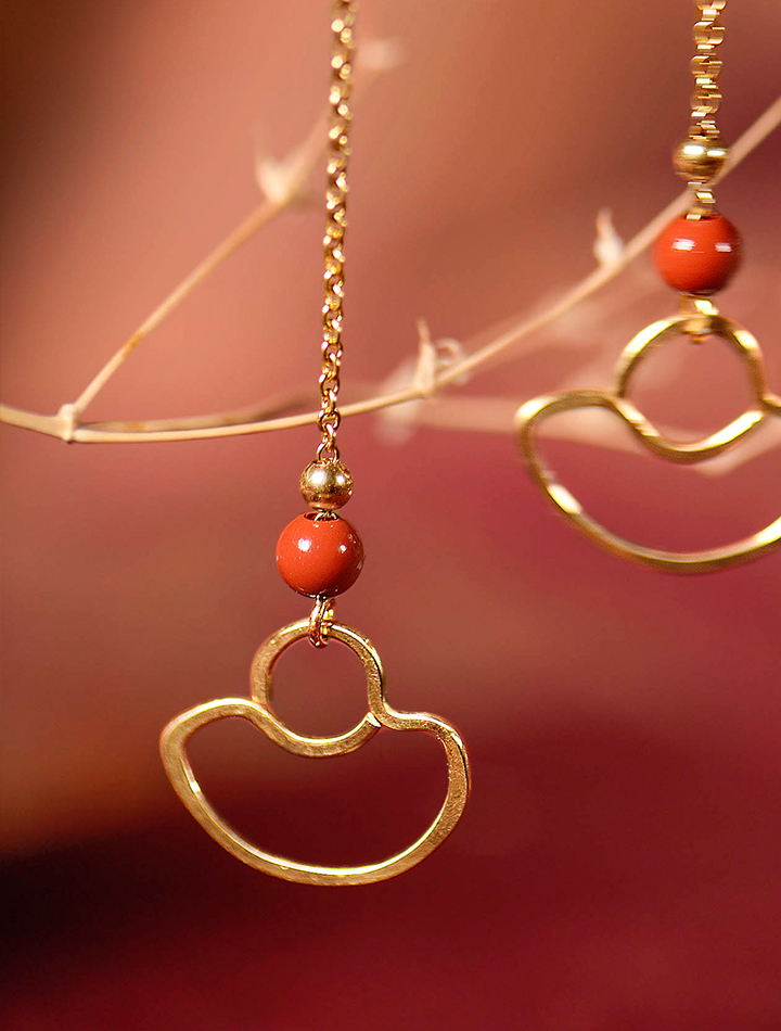 手工元寶耳線耳飾，天然朱砂耳環(huán)首飾