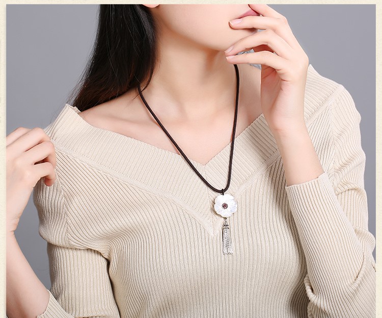 貝殼花復(fù)古鎖骨鏈，銀流蘇花朵項鏈首飾