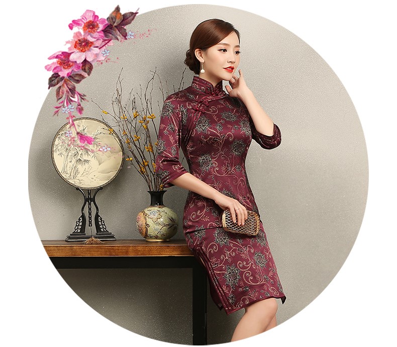 端莊典雅紫紅色旗袍，中袖真絲旗袍裙