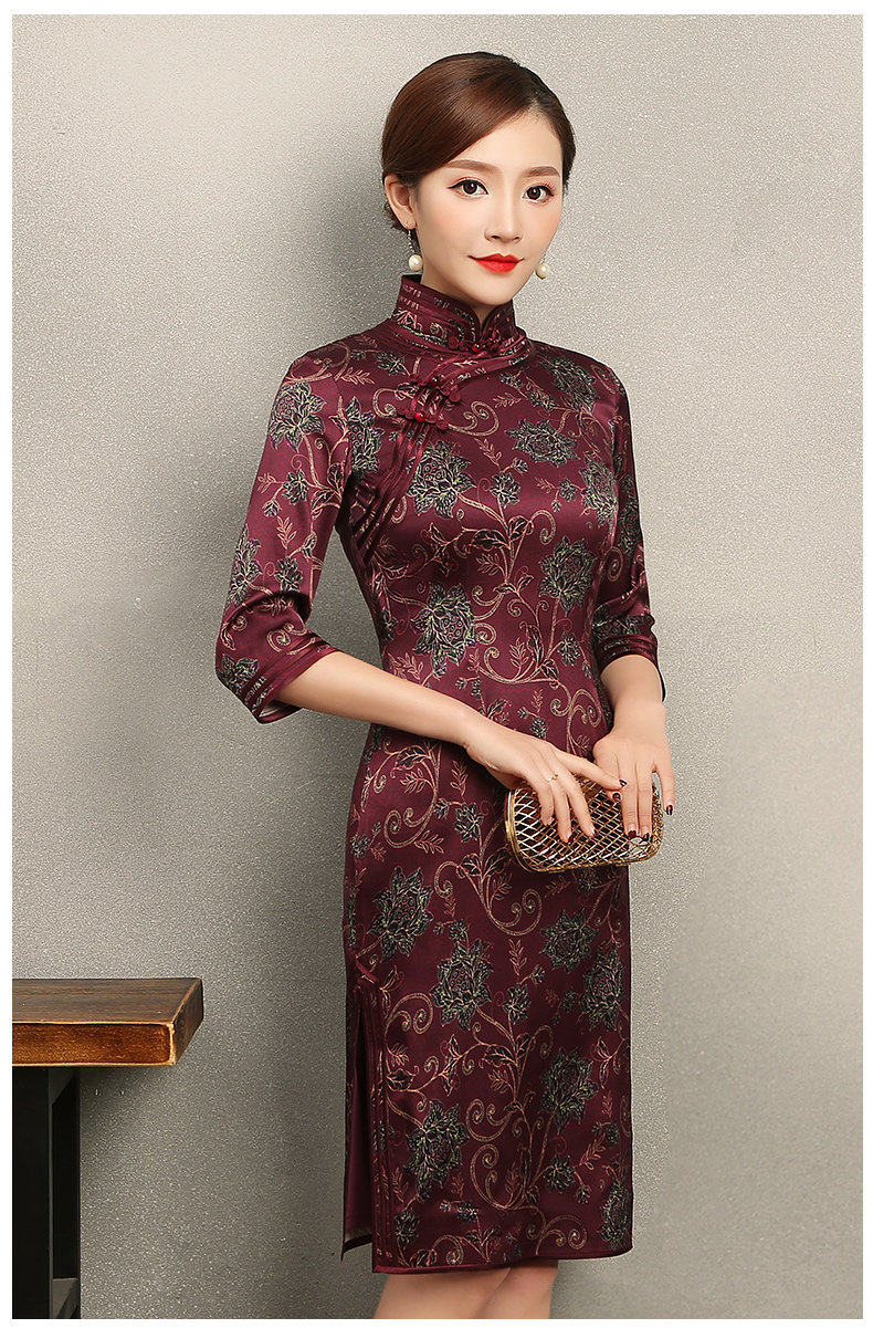 端莊典雅紫紅色旗袍，中袖真絲旗袍裙