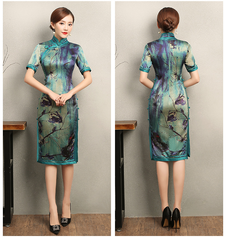 古典韻味花良旗袍，撞色花枝短袖旗袍裙