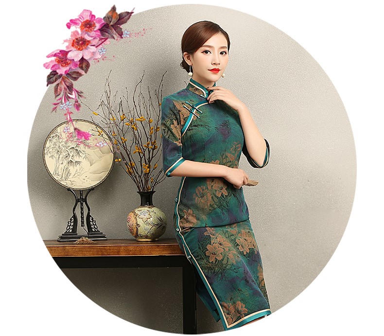 復古雍容的墨綠旗袍，古典印花旗袍裙