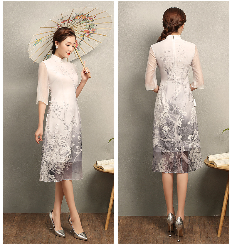 清麗淡雅櫻香旗袍，時(shí)尚印花旗袍裙
