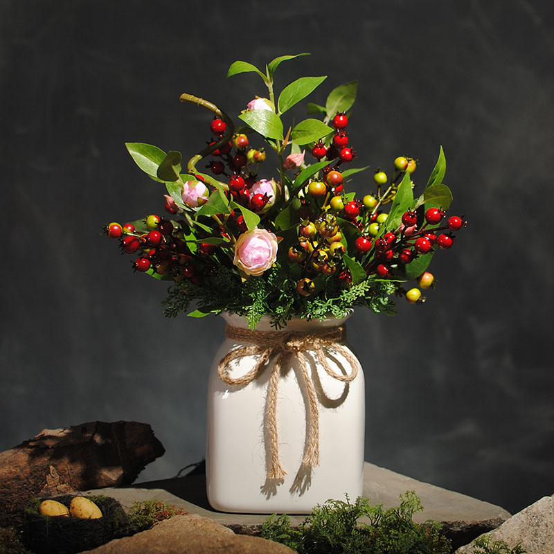 可愛漿果插花藝術(shù)，仿真茶花中式花藝