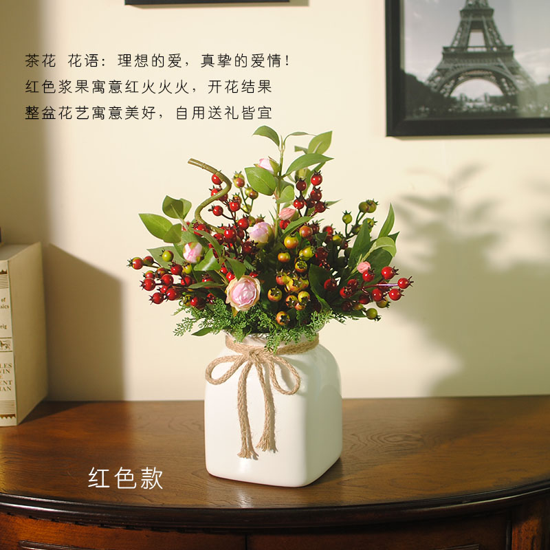 可愛漿果插花藝術(shù)，仿真茶花中式花藝