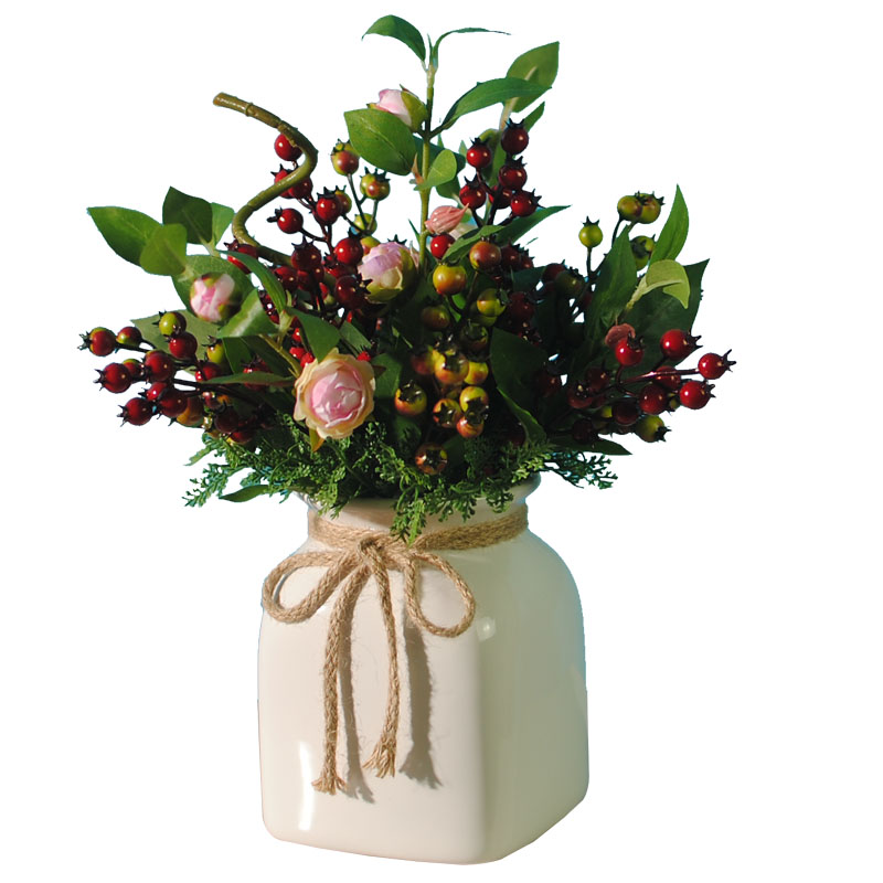 可愛漿果插花藝術(shù)，仿真茶花中式花藝