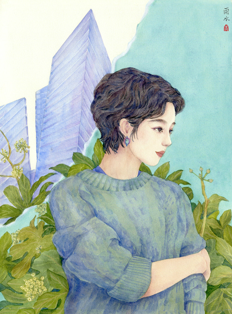 24節(jié)氣水彩手繪插畫，清新淡雅唯美女子插畫