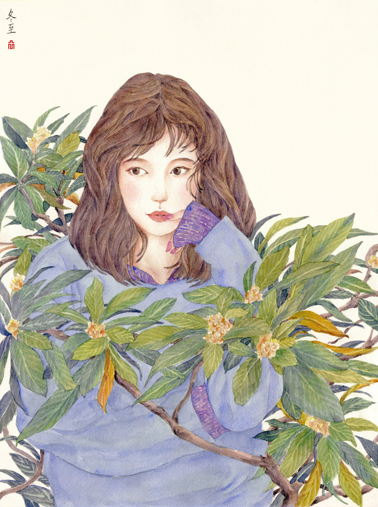 24節(jié)氣水彩手繪插畫，清新淡雅唯美女子插畫