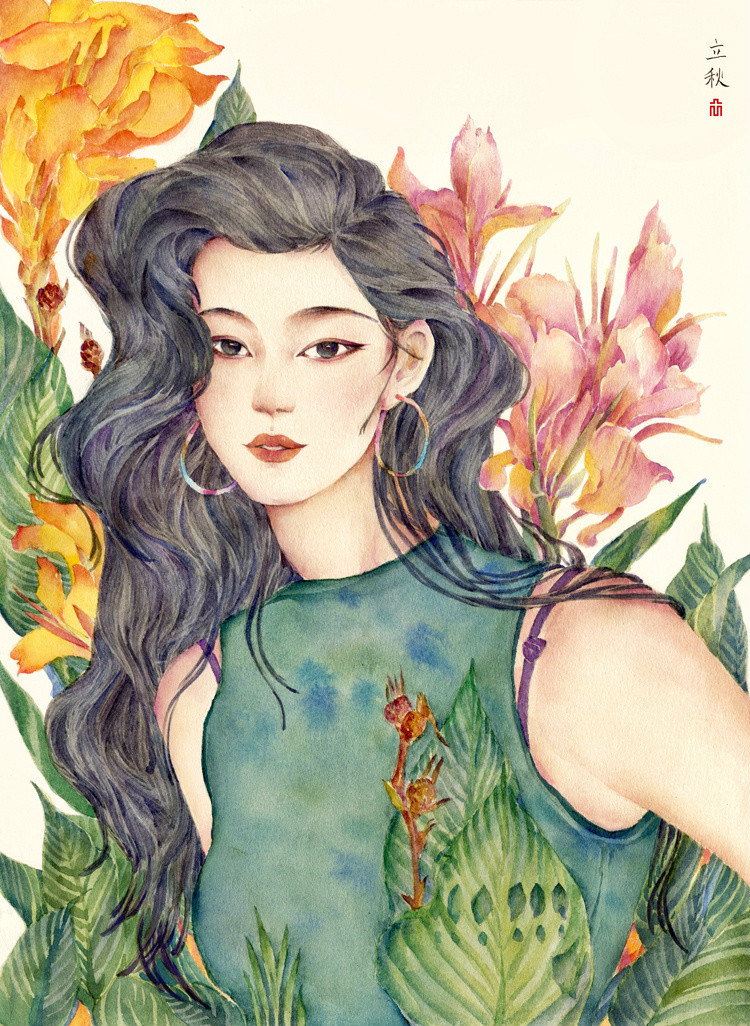 24節(jié)氣水彩手繪插畫，清新淡雅唯美女子插畫