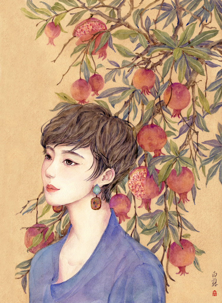 24節(jié)氣水彩手繪插畫，清新淡雅唯美女子插畫