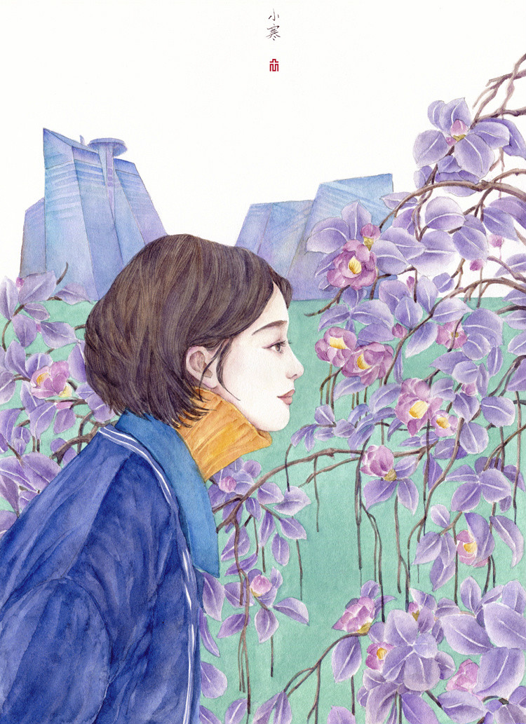 24節(jié)氣水彩手繪插畫，清新淡雅唯美女子插畫