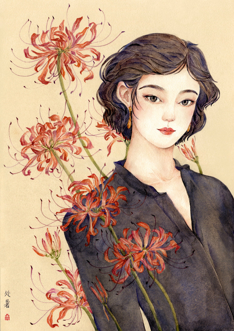 24節(jié)氣水彩手繪插畫，清新淡雅唯美女子插畫