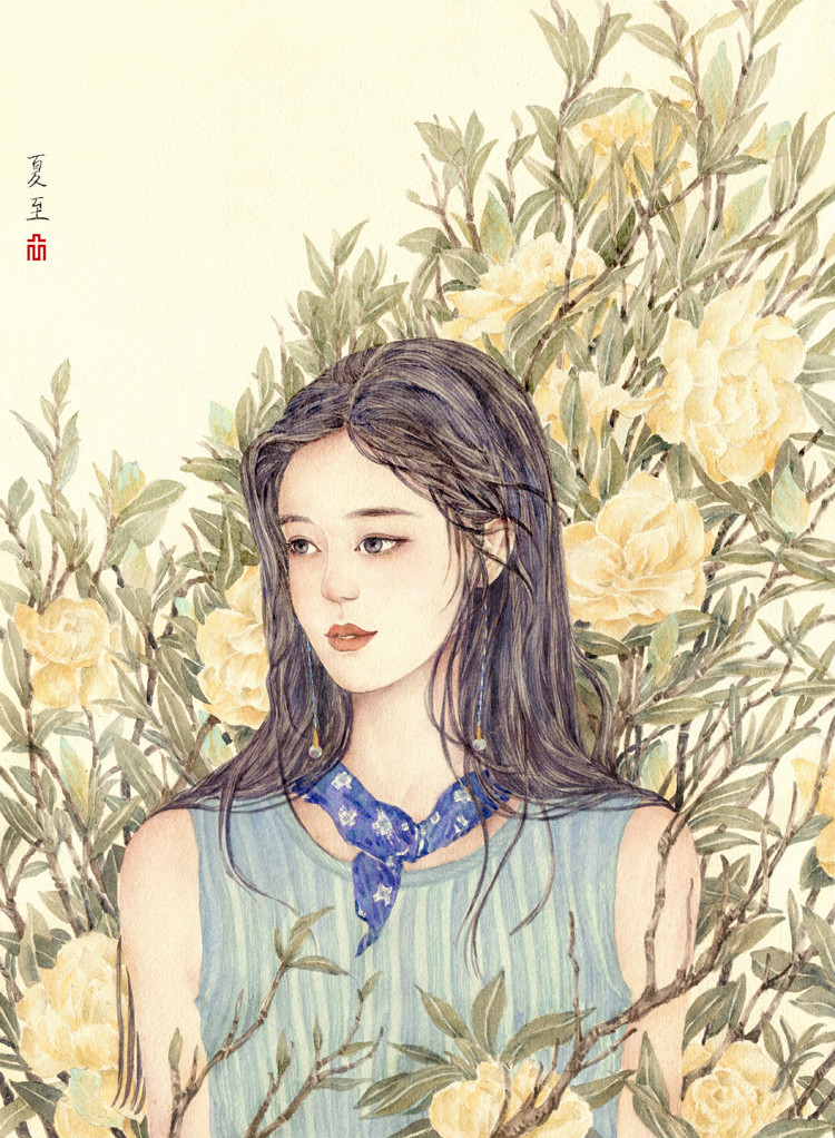 24節(jié)氣水彩手繪插畫，清新淡雅唯美女子插畫