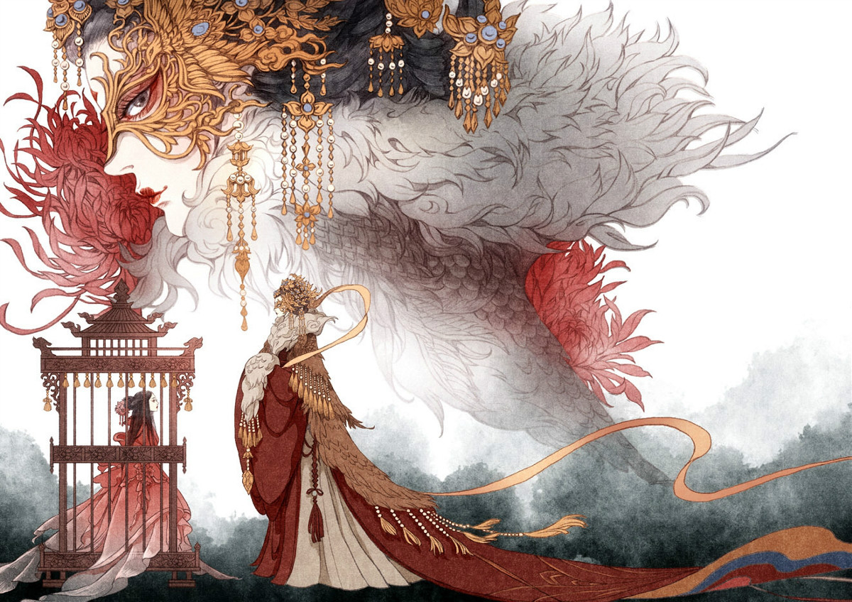 9款古風(fēng)插畫，半面妝插畫合集欣賞