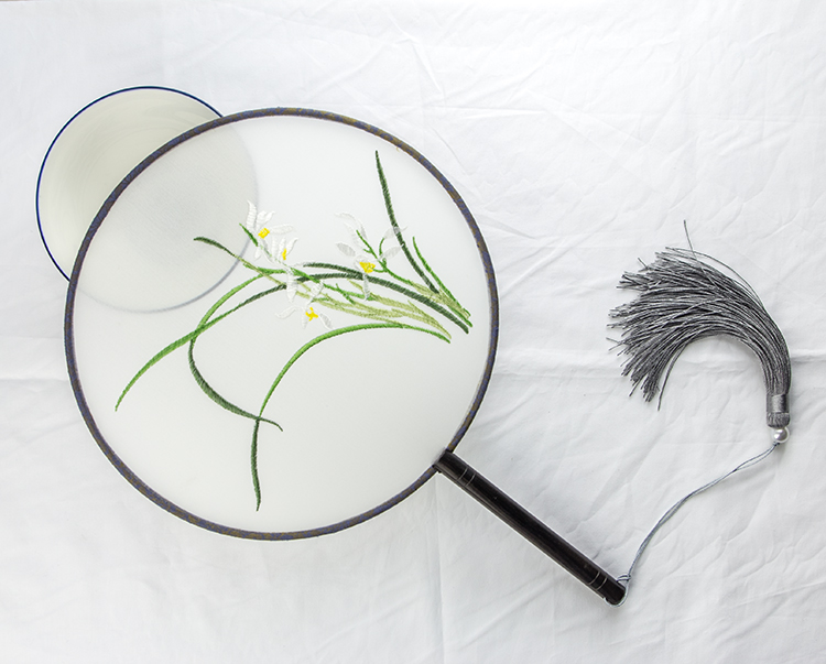 精美蘭花刺繡古風團扇，古典繡花工藝扇子