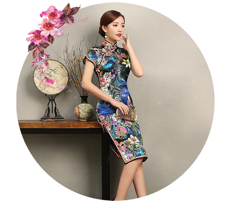 蔓如花靚麗旗袍，唯美短袖印花旗袍裙