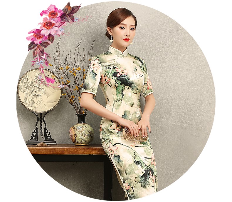 青荷古風(fēng)韻味旗袍，淡雅短袖印花旗袍裙