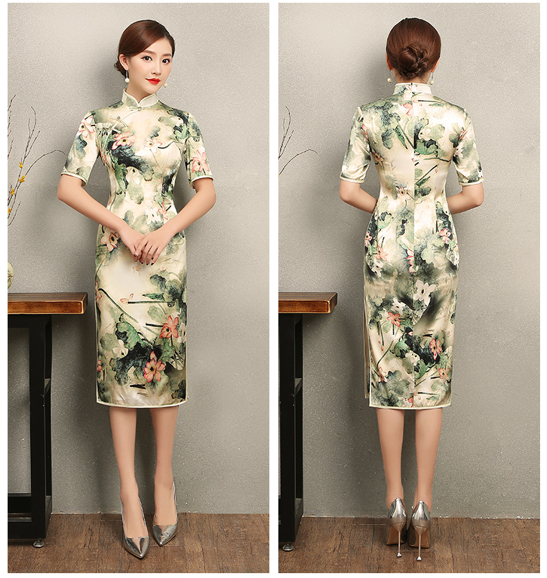 青荷古風(fēng)韻味旗袍，淡雅短袖印花旗袍裙