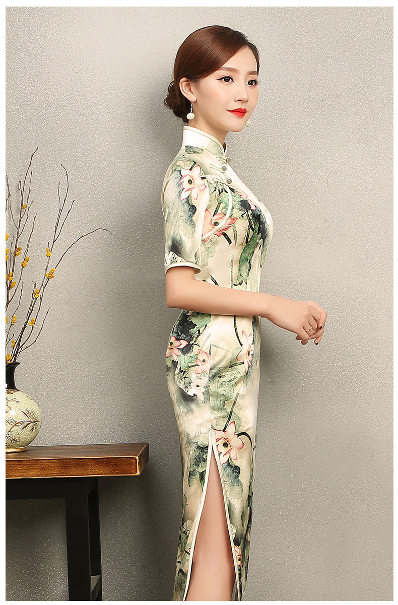 青荷古風(fēng)韻味旗袍，淡雅短袖印花旗袍裙