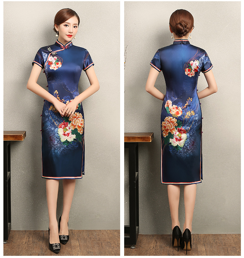 知性優(yōu)雅藍(lán)色旗袍，花嬌印花短袖旗袍裙