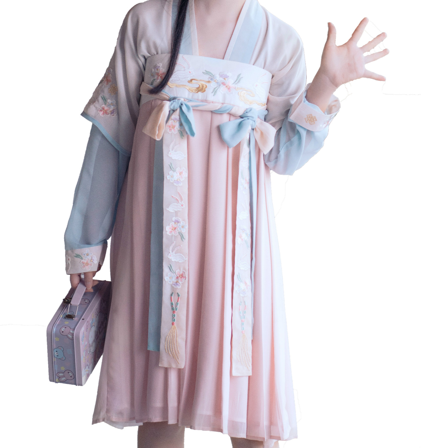 漢元素繡花仙女裙，改良漢服對襟齊胸襦裙