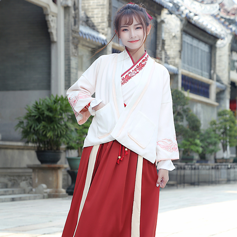 紅白交配繡花漢服，改良漢服斜交齊腰襦裙