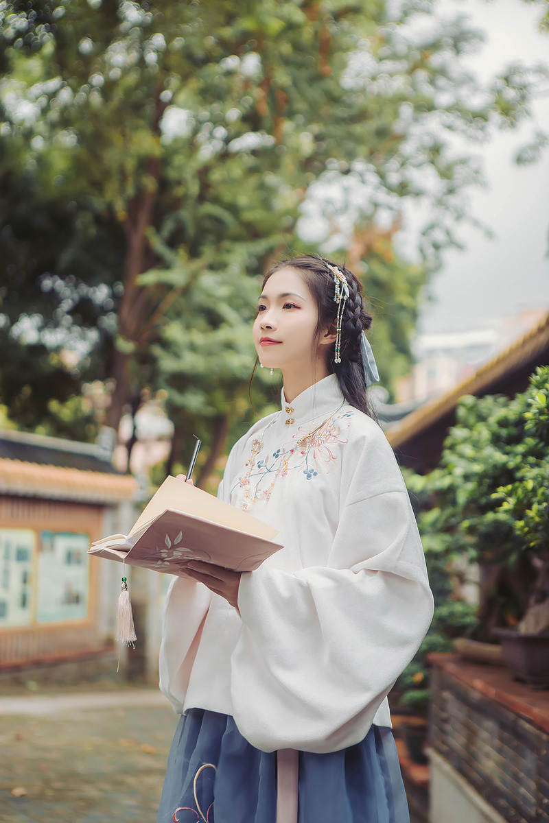 立領(lǐng)斜襟襖裙?jié)h服，淡雅脫俗菊花刺繡漢服