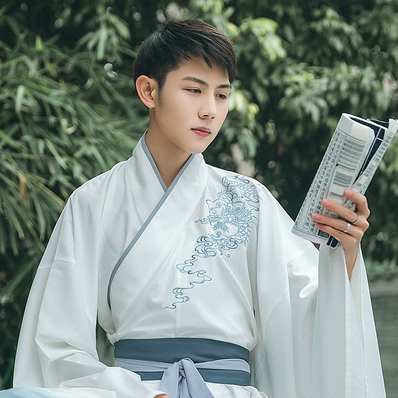 謙謙君子大袖交領(lǐng)襦裙，龍紋刺繡漢服圖片