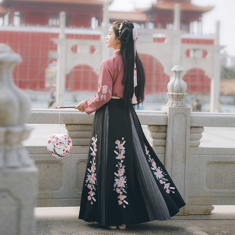 花團錦簇交領(lǐng)襦裙?jié)h服，褶裙團花刺繡漢服圖片