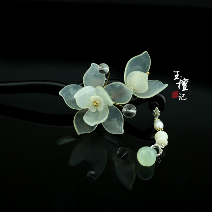 古風(fēng)玉蘭花黑檀木簪子，手工玉簪花頭飾